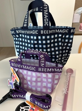 韩国帆布包beemymagic限定款手提轻便格纹购物袋手拎旅行收纳袋大