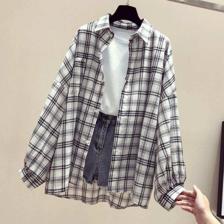 Plaid lapel mid length shirt for women格子翻领中长款衬衫女-封面