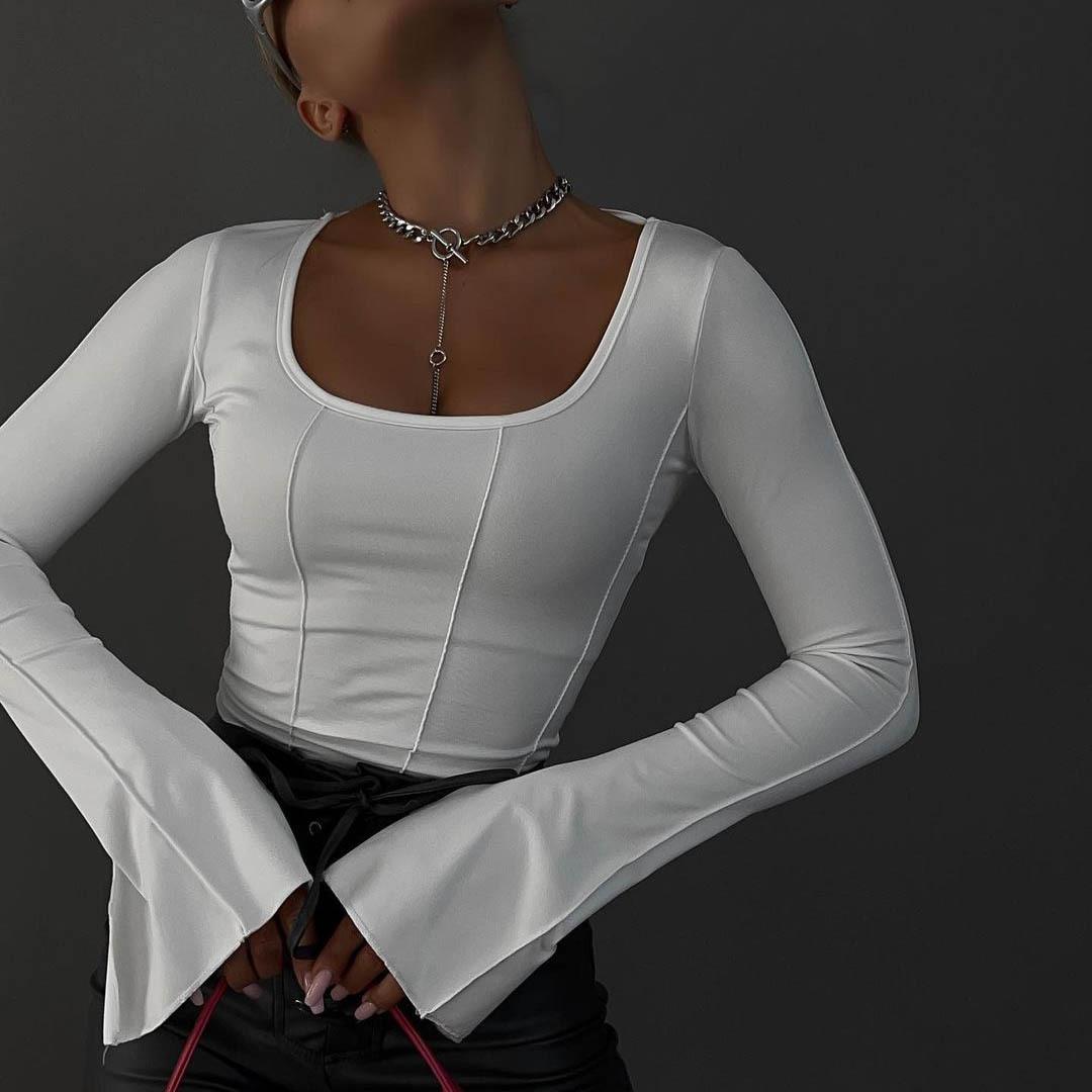 New Flare Sleeve T-shirt Women&#39;s U-neck Sexy Tight T