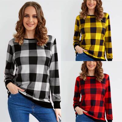 New women&#39;s plaid round neck long sleeve T-shirt