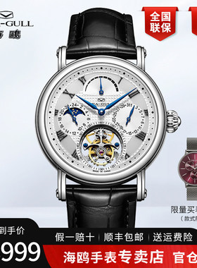 正品海鸥偏心轴陀飞轮鳄鱼皮表带多功能机械表男士商务男表8836