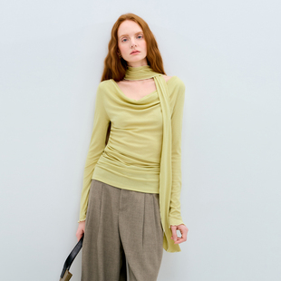 LIMONN嫩黄绿天丝麻挂脖荡领飘带长袖 温柔2026春 上衣女抽褶修身