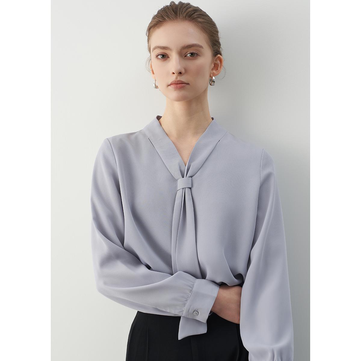 LIMONN｜高智感通勤飘带衬衫通勤正肩雾蓝色面试衬衣百搭长袖衬衫