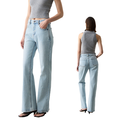 LIMON超模裤全棉复古时尚大理石纹高腰显瘦微喇牛仔长裤春夏新款