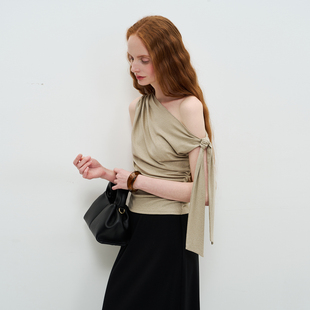 LIMONN极美温柔天丝亚麻慵懒氛围感斜肩系带针织上衣背心吊带夏装