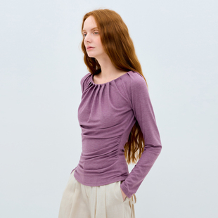 显瘦显白百搭通勤长袖 芋泥紫一字领坑条上衣女 领口褶抽褶收腰