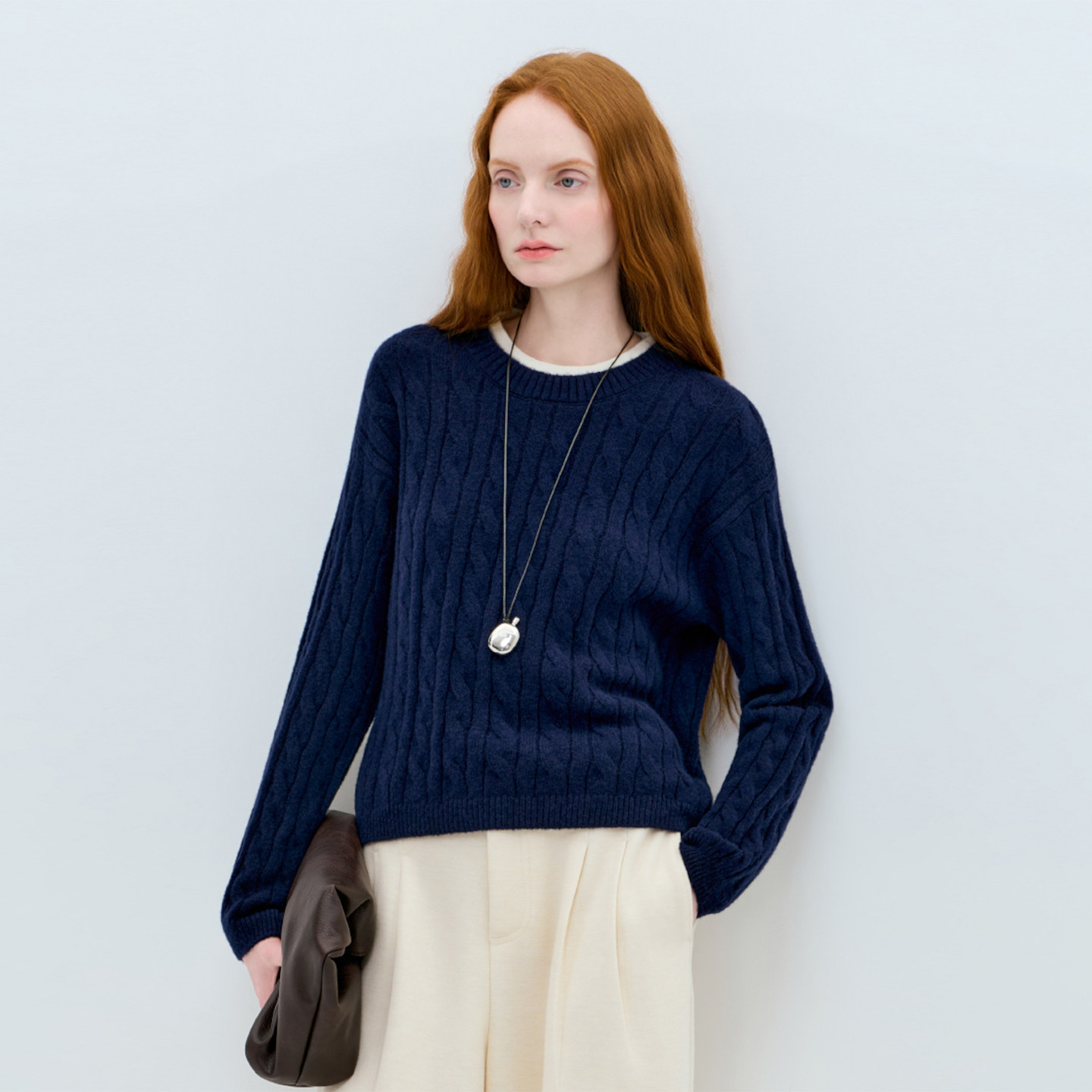 【12/20新品】经典款羊毛麻花圆领针织衫女长袖宽松套头毛衣冬