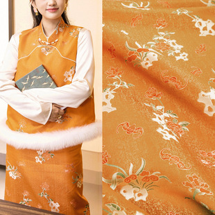 《FS013山石牡丹》国风马甲衬衫上衣布料仿宋锦服装面料