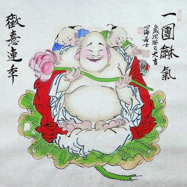 手绘国画中式装饰画弥勒佛禅意画