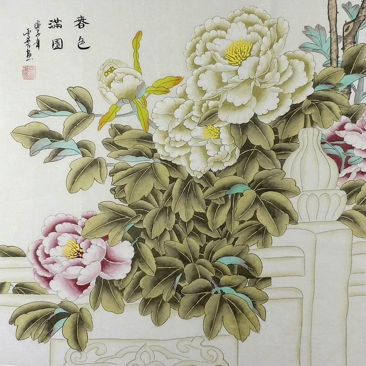 牡丹国画富贵花开工笔画纯手绘客厅办公室装饰画顾雪芳四尺斗方GG