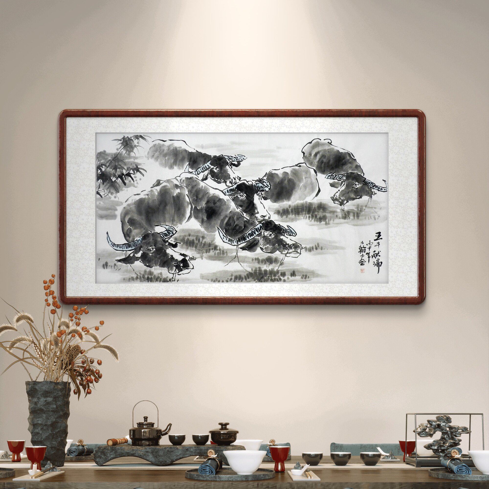 手绘国画五牛图五牛献瑞中式客厅办公室装饰画玄关四尺方翰GG136
