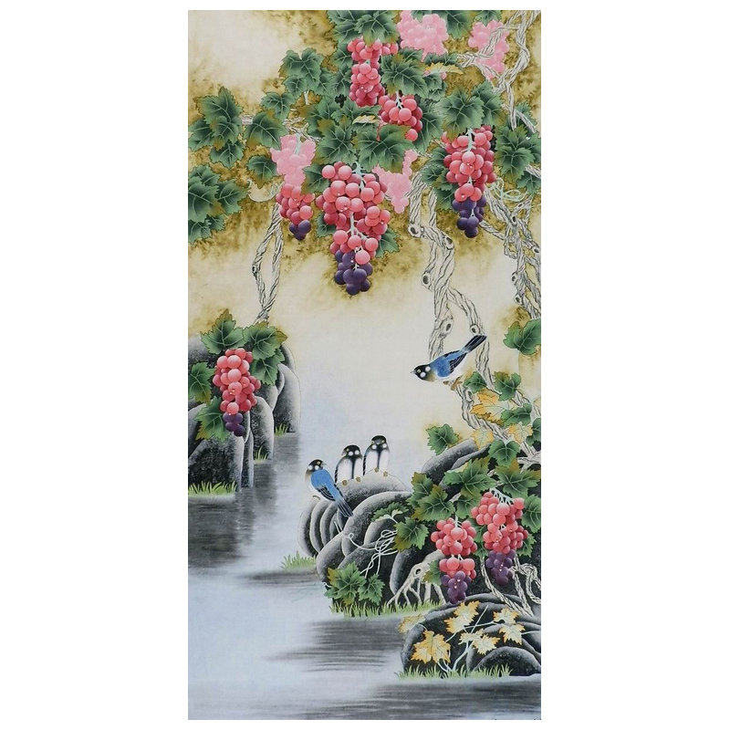 葡萄国画工笔画纯手绘中式装饰画客厅走廊办公室无款精品136GG