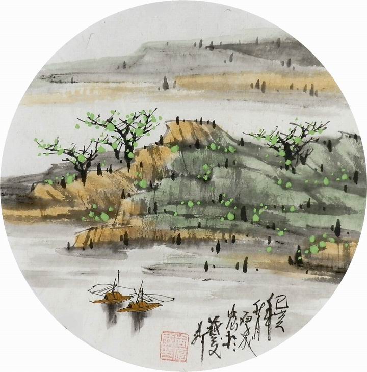 山水画国画小品手绘字画客厅办公室走廊装饰画周厚成团扇直径33GG