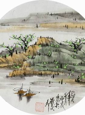 山水画国画小品手绘字画客厅办公室走廊装饰画周厚成团扇直径33GG