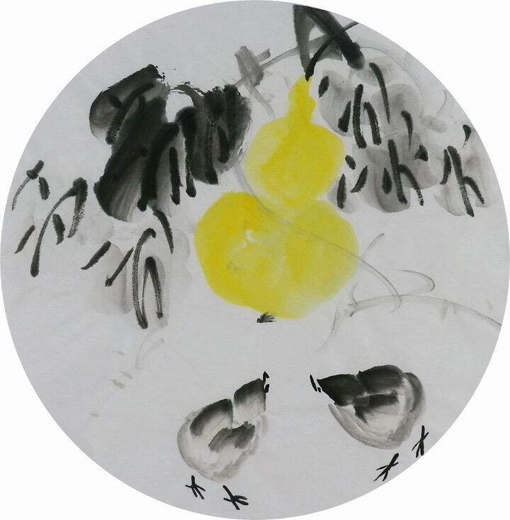 手绘字画装饰画新品i061091无款国画花鸟团扇圆形小品葫芦 直径33