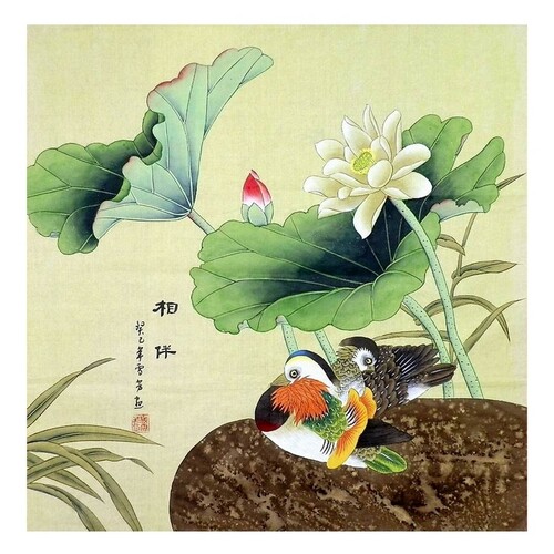 中式装饰画纯手绘工笔画鸳鸯戏水