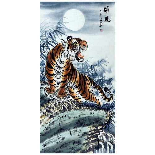 手绘上山虎下山虎国画中式装饰画办公室客厅三尺四尺张威100GG136