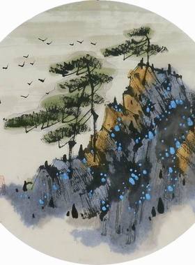 手绘字画客厅装饰画热销I092127周厚成国画山水画小品团扇 直径33