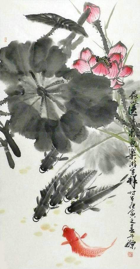 100纯手绘字画中式客厅办公室装饰画牛源三尺写意国画六九鱼图EGG