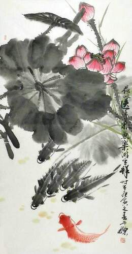 100纯手绘字画中式客厅办公室装饰画牛源三尺写意国画六九鱼图EGG