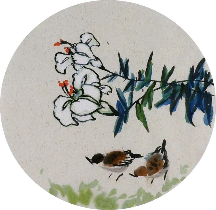 手绘字画装饰画新品I082002无款国画花鸟团扇圆形小品麻雀 直径33