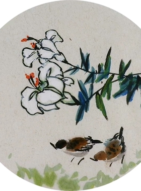 手绘字画装饰画新品I082002无款国画花鸟团扇圆形小品麻雀 直径33