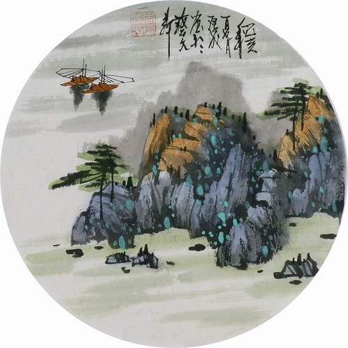 手绘字画客厅装饰画热销I092109周厚成国画山水画小品团扇 直径33