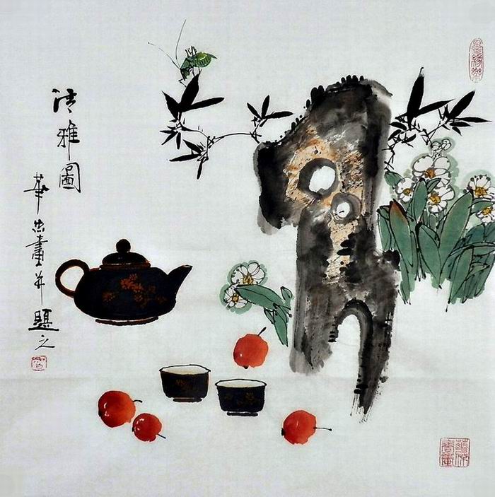 国画茶壶蔬菜水果蟋蟀手绘字画茶楼餐厅装饰画华杰三尺斗方GG100图片