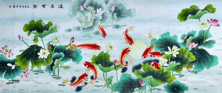 工笔画牡丹中式客厅办公室字画装饰画顾雪芳大小八尺荷花九鱼图GG
