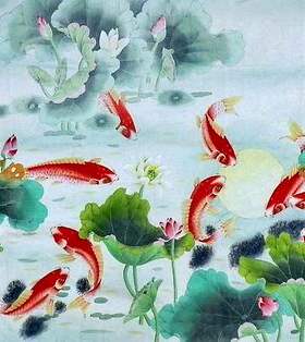 工笔画牡丹中式客厅办公室字画装饰画顾雪芳大小八尺荷花九鱼图GG