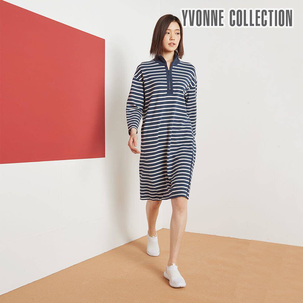 台湾以旺YVONNE細絨條高領洋裝 家居服 现货睡裙春夏女长袖连衣裙