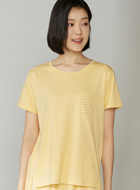台湾以旺YVONNE薄荷紗短袖上衣春夏女睡衣家居服休闲黄色浪花口袋