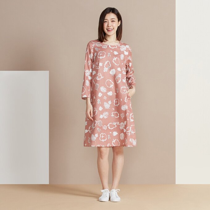 台湾以旺YVONNE 雙層棉印花洋裝 睡裙家居服长袖连身裙外出秋冬女