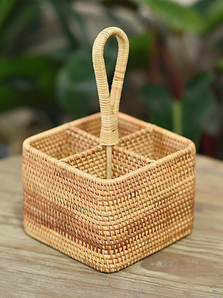 藤编收纳筐秋藤收纳盒圆形方形四格提手酒杯篮客厅遥控器收纳篮