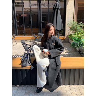 大衣女秋冬复古高级长款 Halo 灰色羊毛西装 都市谧光 毛呢外套 Luu