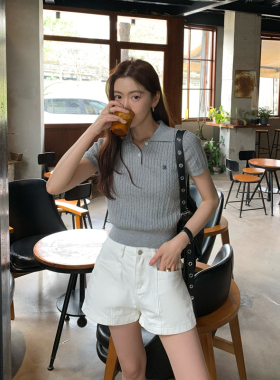 Halo Luu 灰色麻花针织短袖polo衫女t恤夏季正肩刺绣短款气质上衣