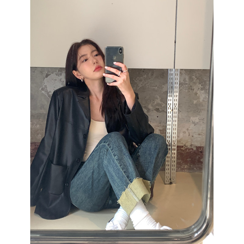 Halo Luu复古黑色皮衣外套女西装2025新款秋季爆款韩系休闲高级感,女装/女士精品,皮衣,淘宝优惠券,粉丝福利购,淘宝优惠卷