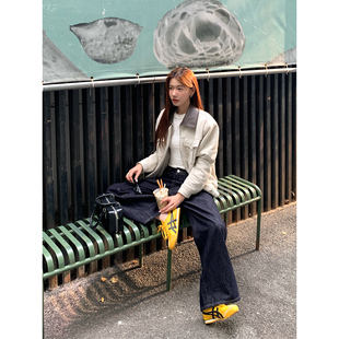 Luu 复古松弛感拖地直筒裤 深蓝色微喇阔腿牛仔裤 美式 女春季 Halo