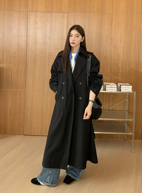 Halo Luu黑色风衣外套女春秋新款韩系休闲高级感双排扣中长款大衣