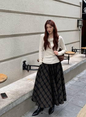Halo Luu棕色羊毛格子磨毛半身裙女早春新款裙子复古显瘦a字长裙