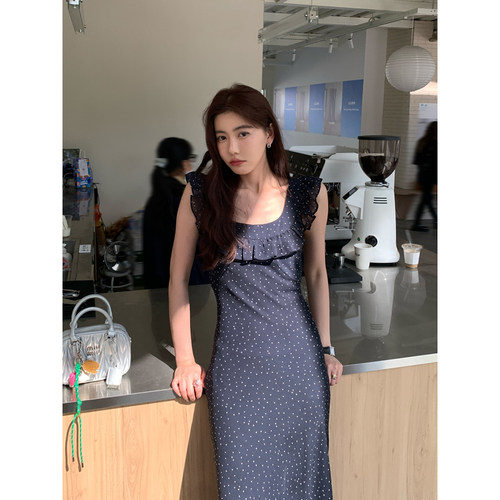 Halo Luu法式方领波点连衣裙女夏季设计感茶歇裙收腰气质优雅长裙