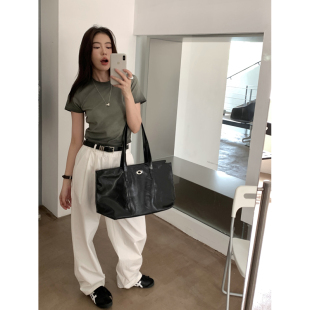 女夏季 裤 新款 纯棉宽松舒适休闲裤 Halo 子松弛感阔腿裤 Luu白色工装