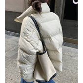 Halo Luu米白色羽绒服女冬季 白鸭绒宽松设计感立领面包服加厚外套