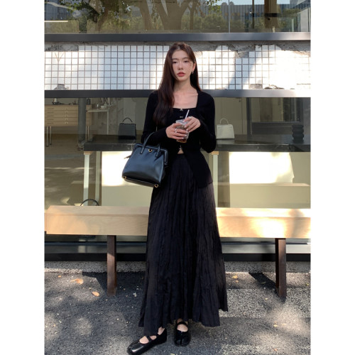 Halo Luu 黑色半身裙女夏季2026新款飘逸肌理感褶皱松紧腰a字长裙