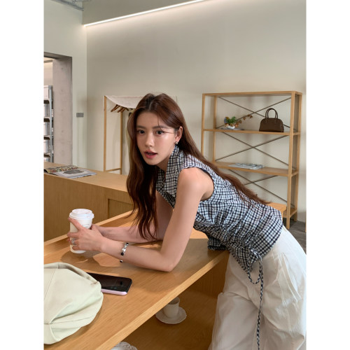 Halo Luu藏青格子无袖衬衫女夏季薄款掐腰设计感背心绝美外穿上衣