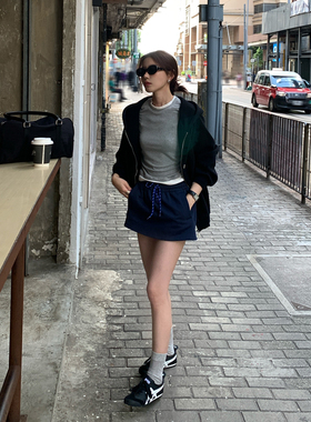 Halo Luu 藏蓝色半裙女春夏运动短裙松紧腰卫裙休闲裤裙a字半身裙