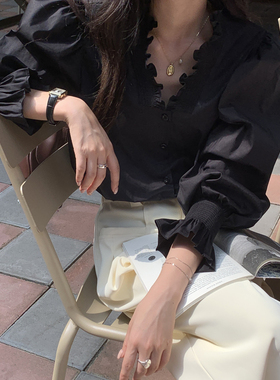 Halo Luu 法式黑色衬衫女春季显瘦v领设计感衬衣高级感泡泡袖上衣