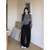 女春季 裤 新款 宽松休闲裤 Halo 子高级感垂感直筒裤 Luu黑色阔腿西装