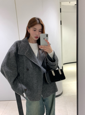 Halo Luu 羊毛灰色大衣女秋冬毛呢外套立领短款小个子气质高级感