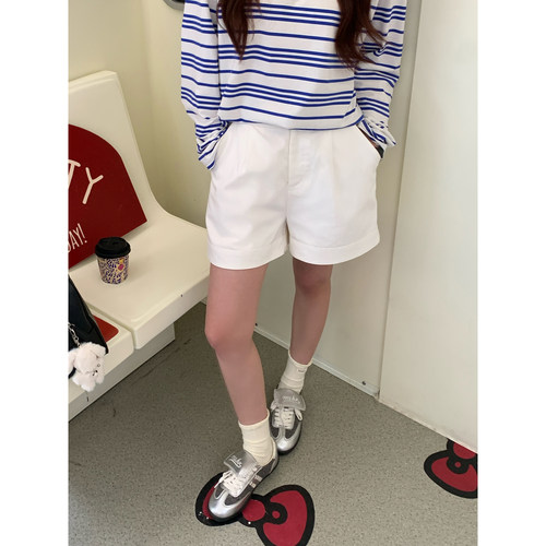 Halo Luu 白色休闲短裤女夏季新款百搭宽松高腰a字显瘦直筒阔腿裤